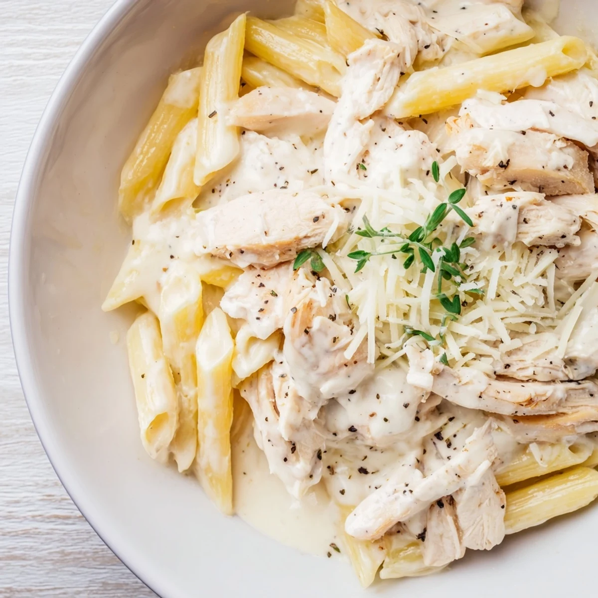 Enjoy a forkful of Tini's Creamy Chicken Pasta: tender chicken and penne coated in a velvety cream sauce.