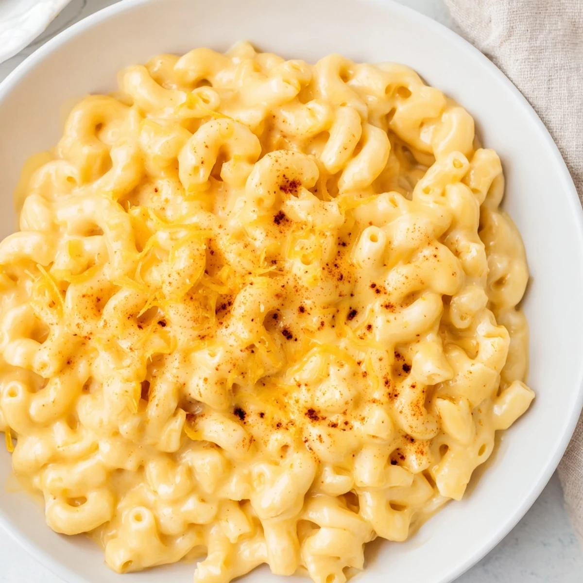 A golden-brown baked Tinis Recession Mac, bubbling cheese enveloping perfectly cooked macaroni.