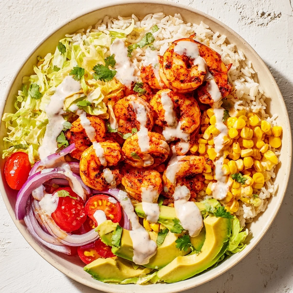 Cajun Shrimp Taco Bowls overflowing with vibrant colors: shrimp, rice, veggies, and creamy avocado sauce.