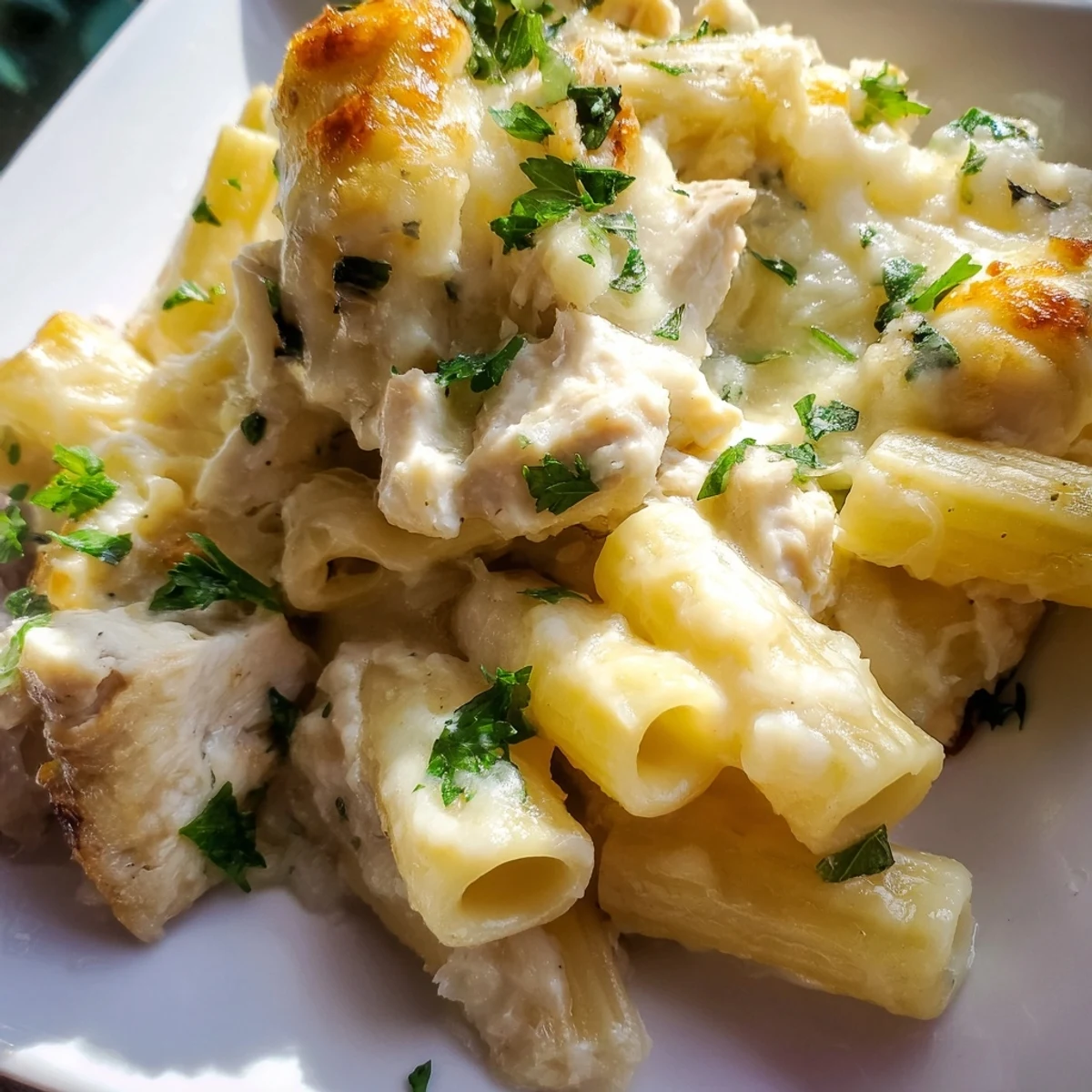 Creamy Chicken Alfredo Bake with bubbly golden cheese, ready to serve with fresh parsley.