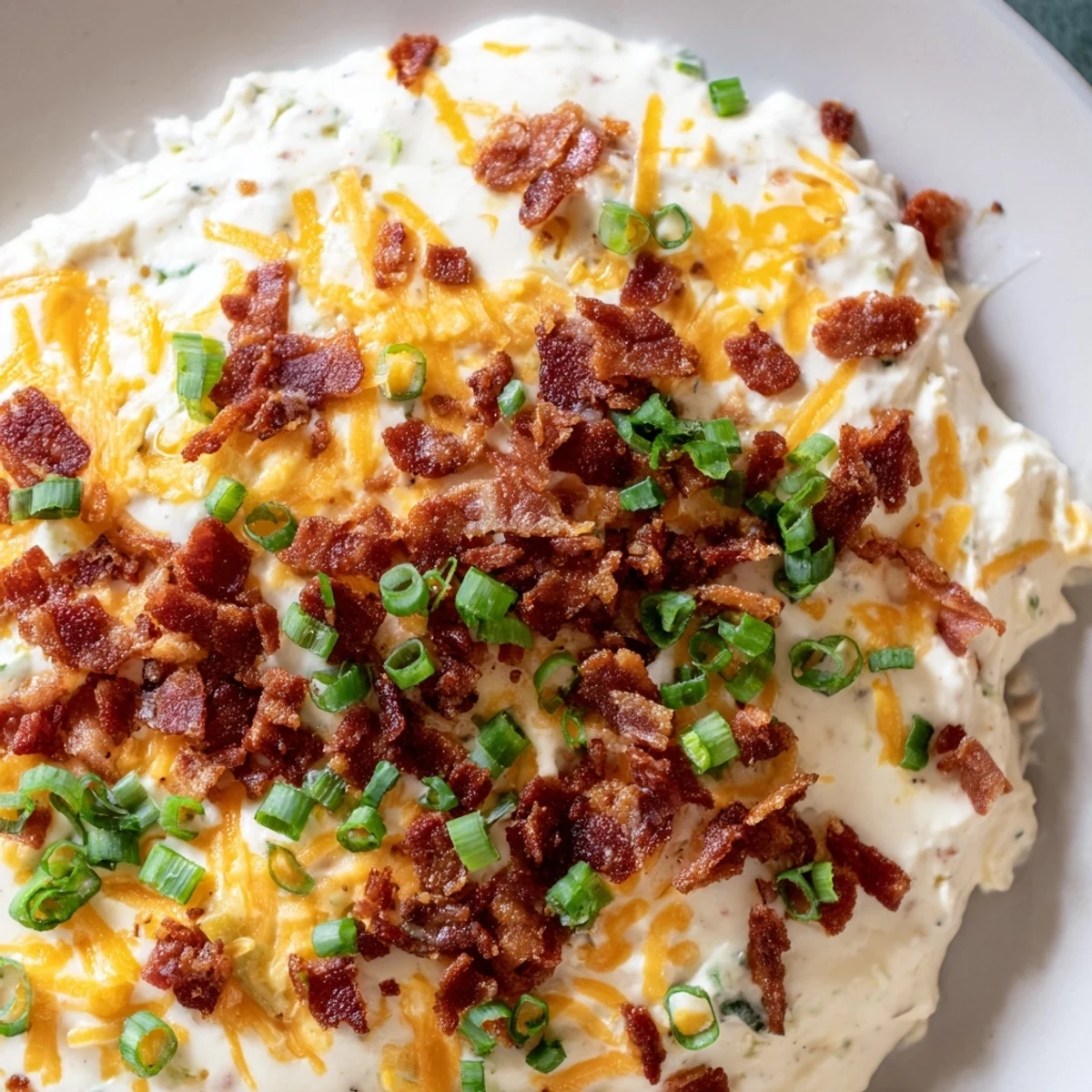 Warm and bubbling Cheesy Bacon Ranch Dip, with browned cheese and crispy bacon, ready to serve.