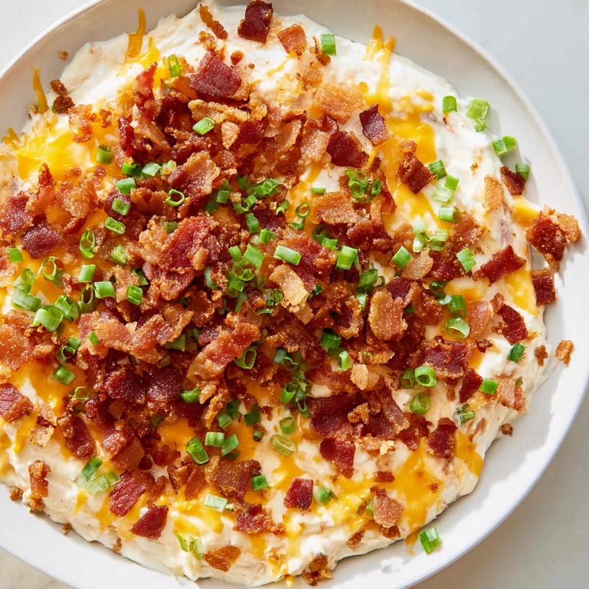 Golden brown, bubbling Cheesy Bacon Ranch Dip, garnished with green onions, perfect for dipping.