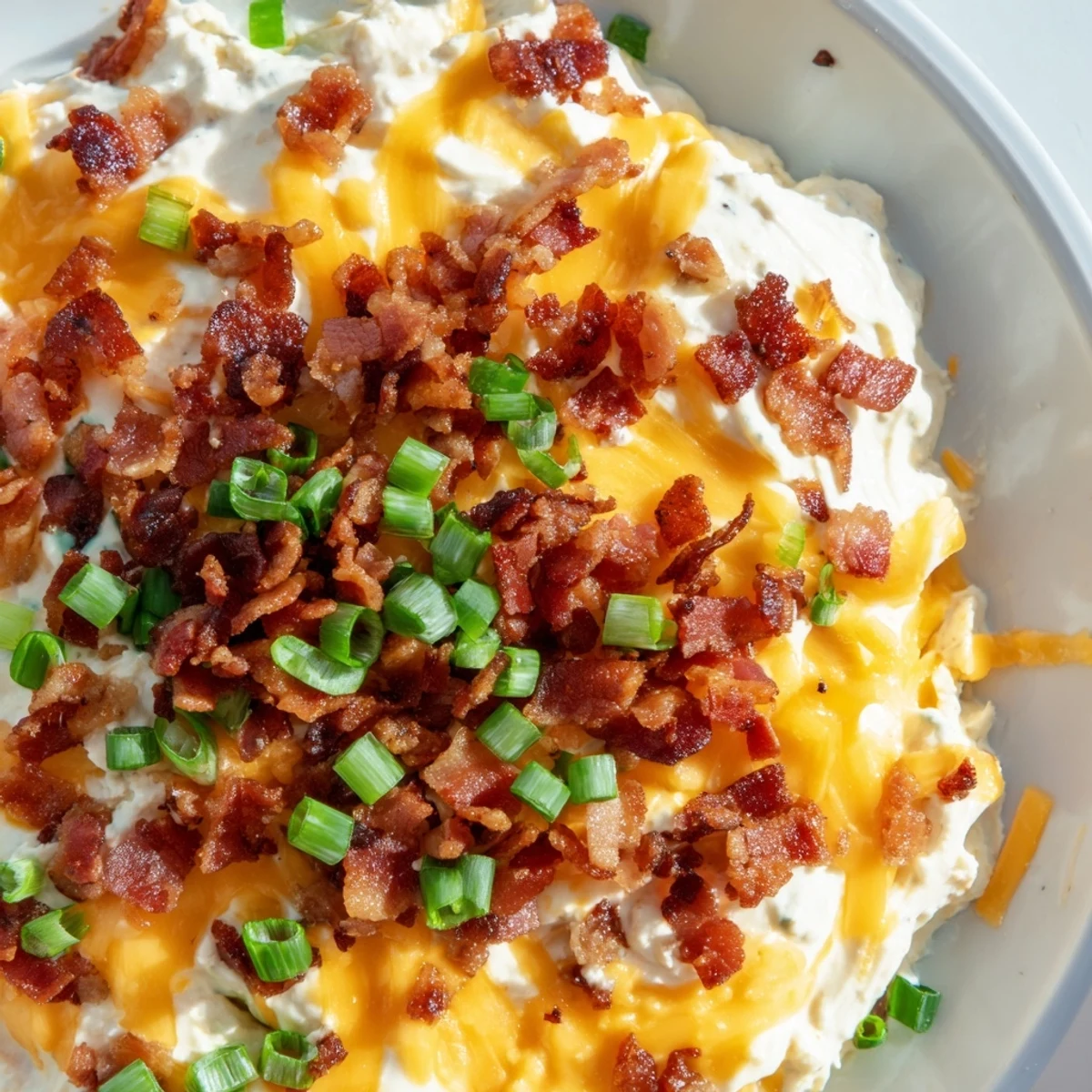 A close-up of gooey Cheesy Bacon Ranch Dip, showing melted cheese and crumbled bacon throughout.