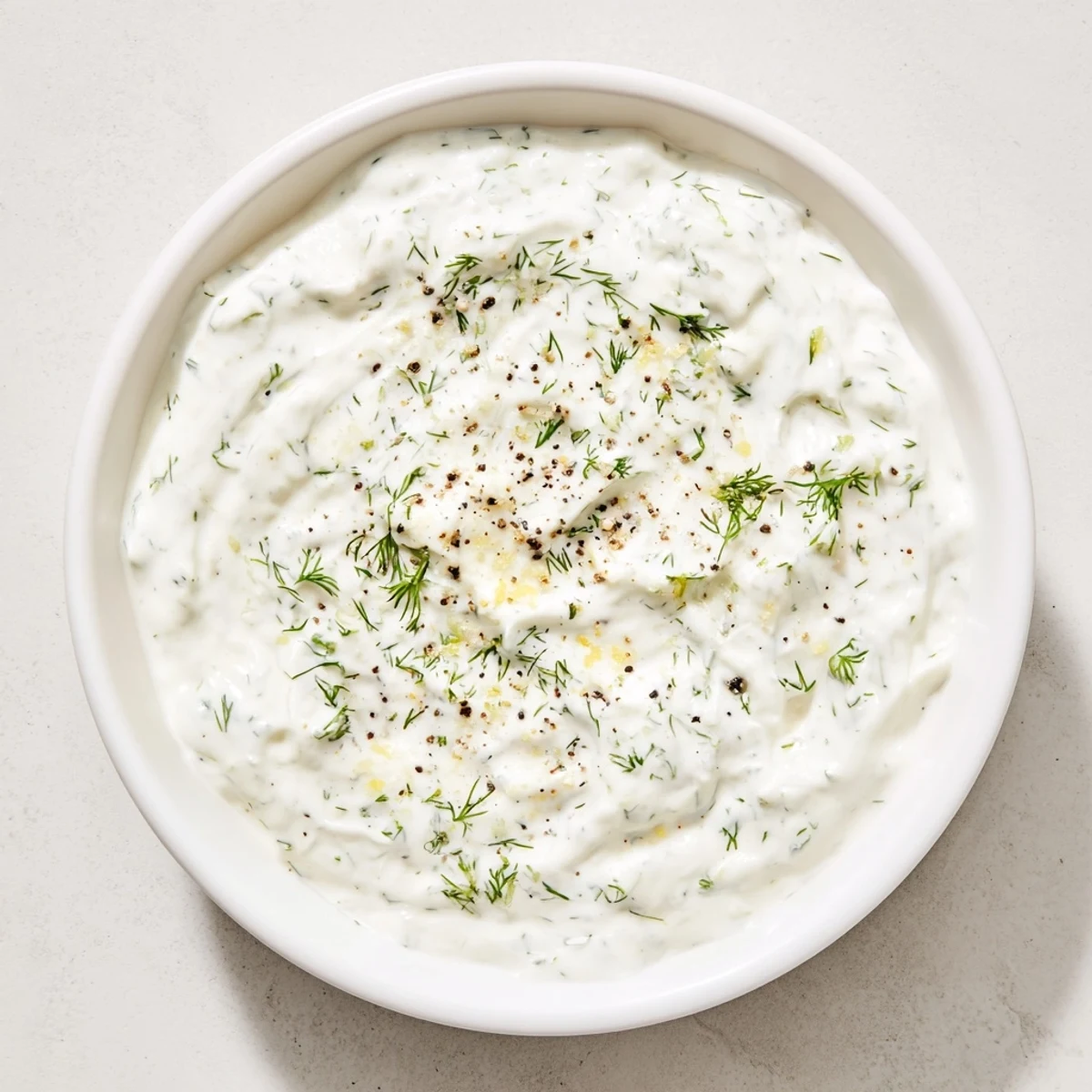 This homemade Greek yogurt ranch dip showcases a swirl of herbs, just waiting to be dipped.