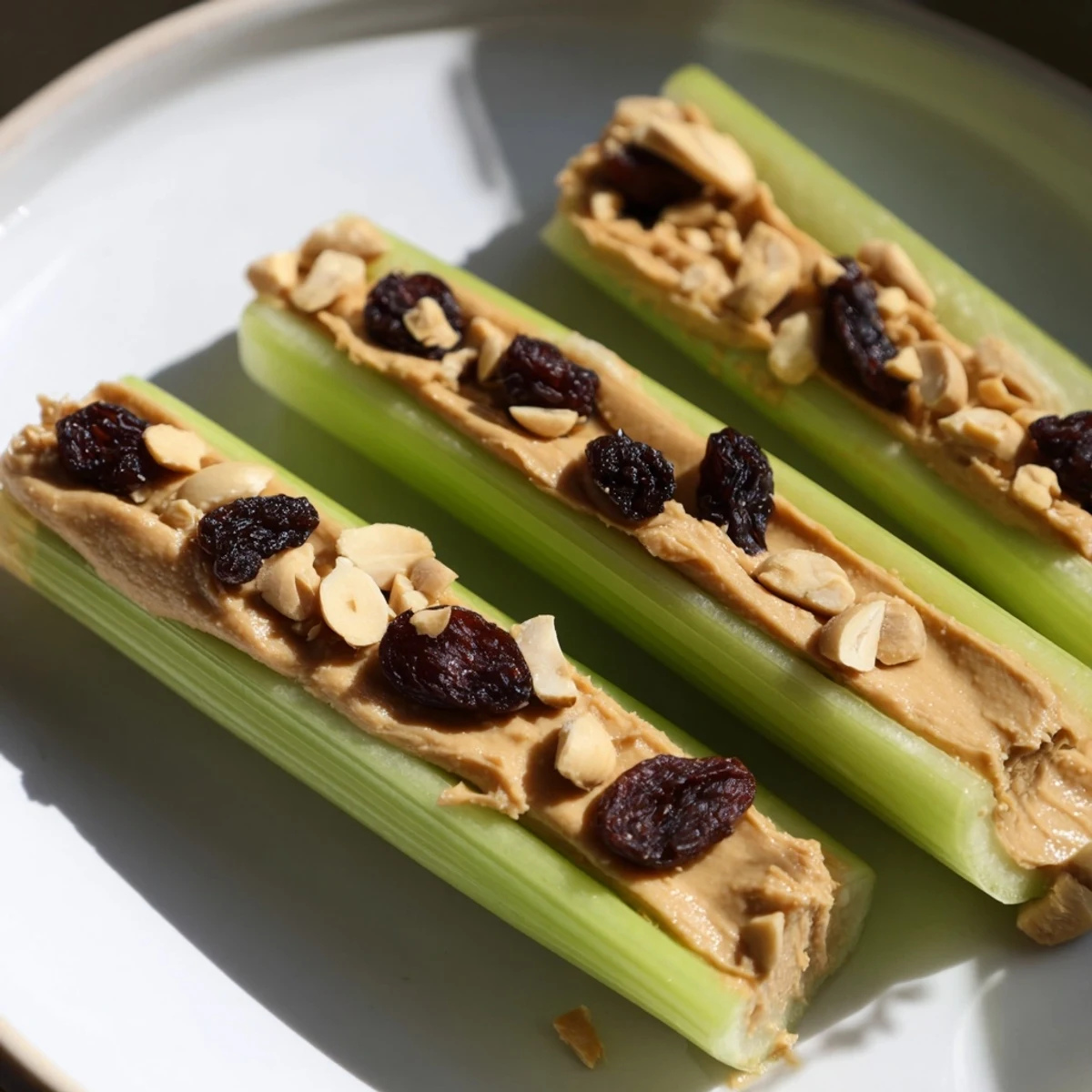 Crisp celery sticks filled with creamy peanut butter, a classic, simple snack.
