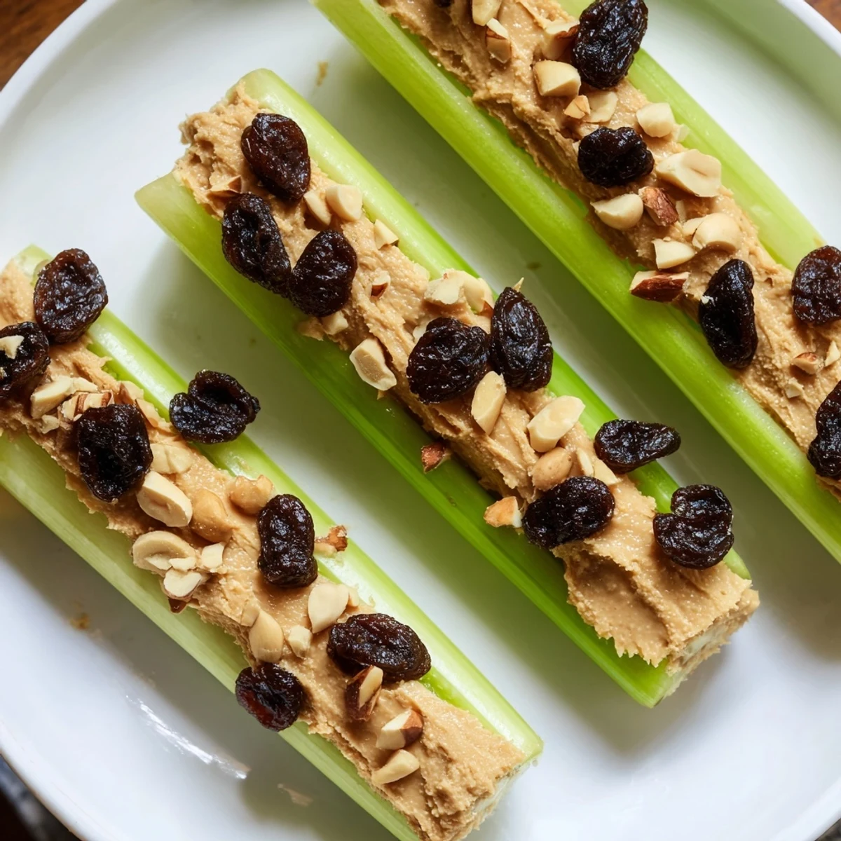 Ants on a log: Peanut butter celery sticks beautifully arranged with raisins, a fun, easy recipe.
