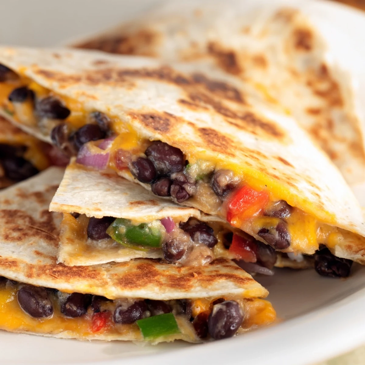 Golden brown and cheesy black bean quesadilla, filled with savory beans and peppers, ready to slice.