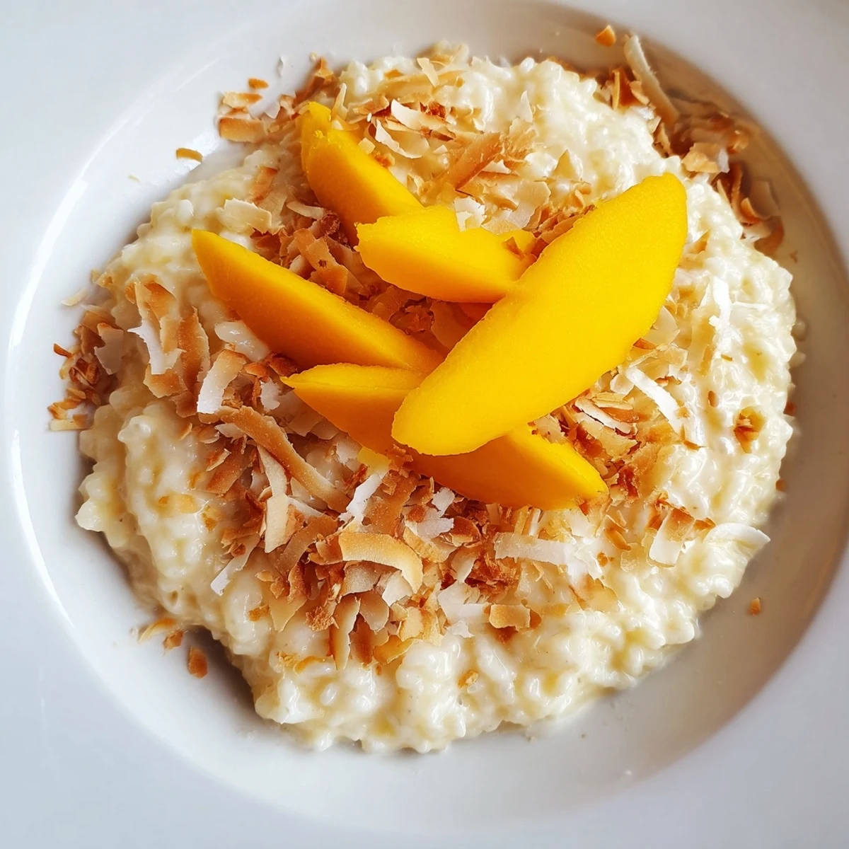 Creamy Toasted Coconut Rice Pudding topped with golden coconut flakes and fresh tropical fruit.