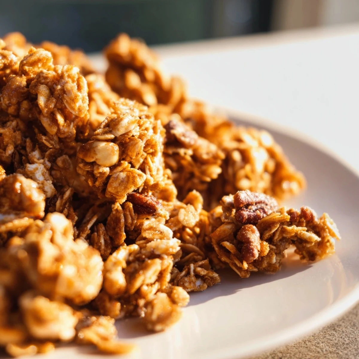 Golden, crunchy Honey Nut Granola Clusters, brimming with oats, nuts, and a touch of sweetness.