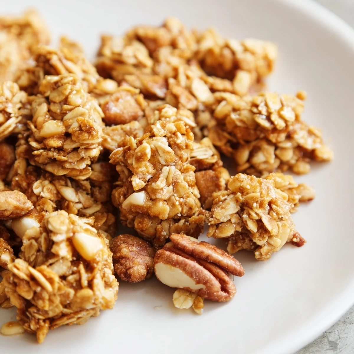 Close-up of freshly made Honey Nut Granola Clusters, smelling of cinnamon, ready to be enjoyed.