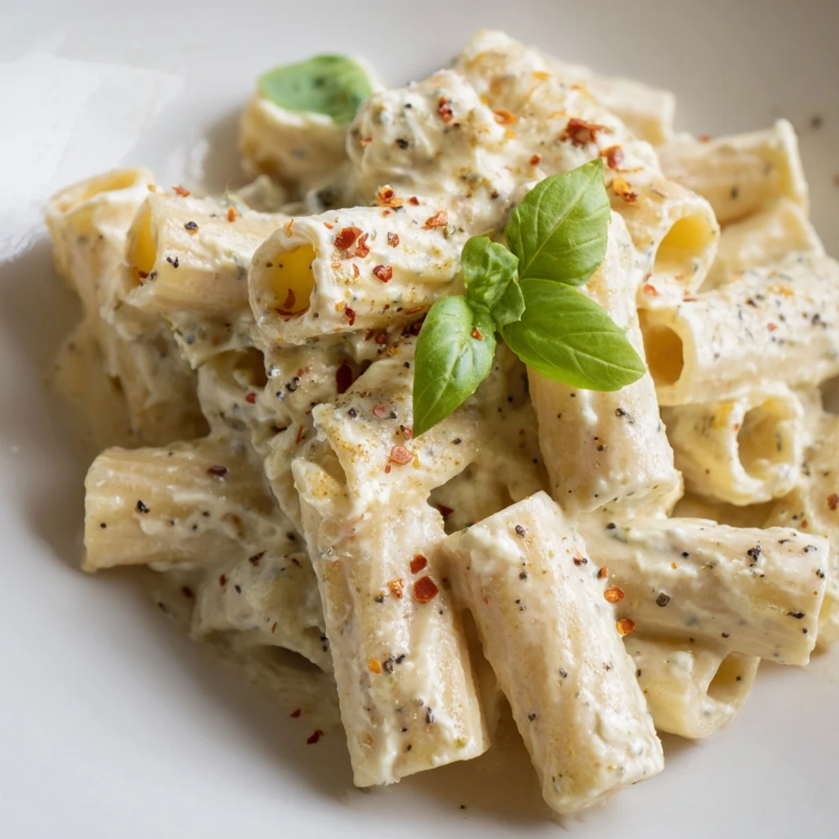 Creamy Cottage Cheese Pasta with fresh basil, a perfectly plated, comforting and easy meal.