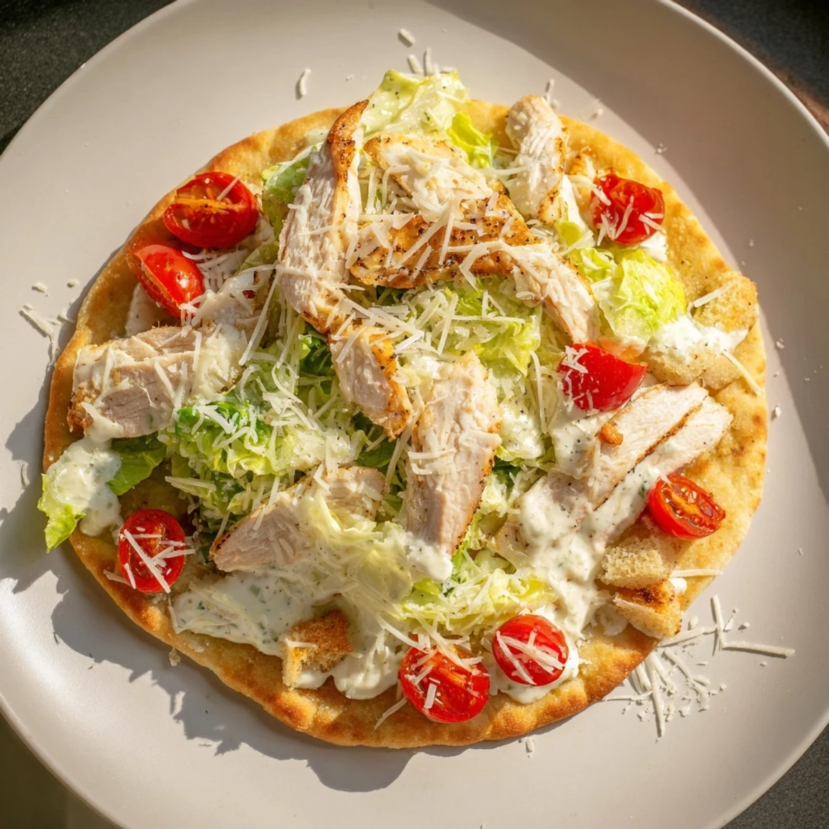 Golden, crispy Chicken Caesar Flatbread topped with fresh romaine, Parmesan, and juicy tomatoes.