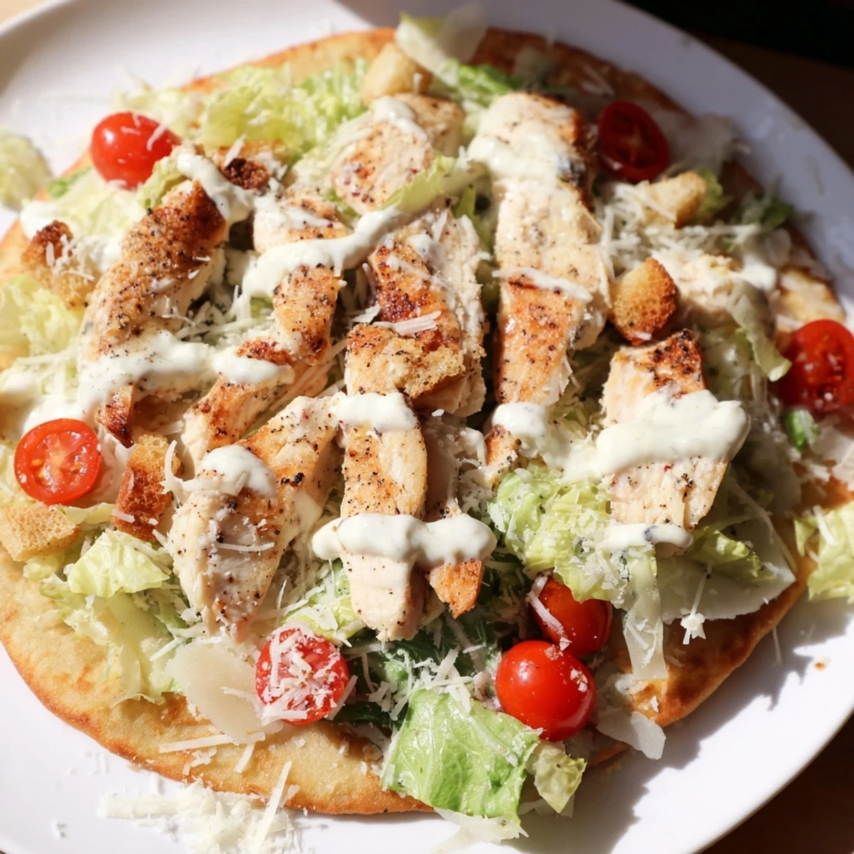 A close-up of a flavorful Chicken Caesar Flatbread with melted cheese, perfect for a quick dinner.