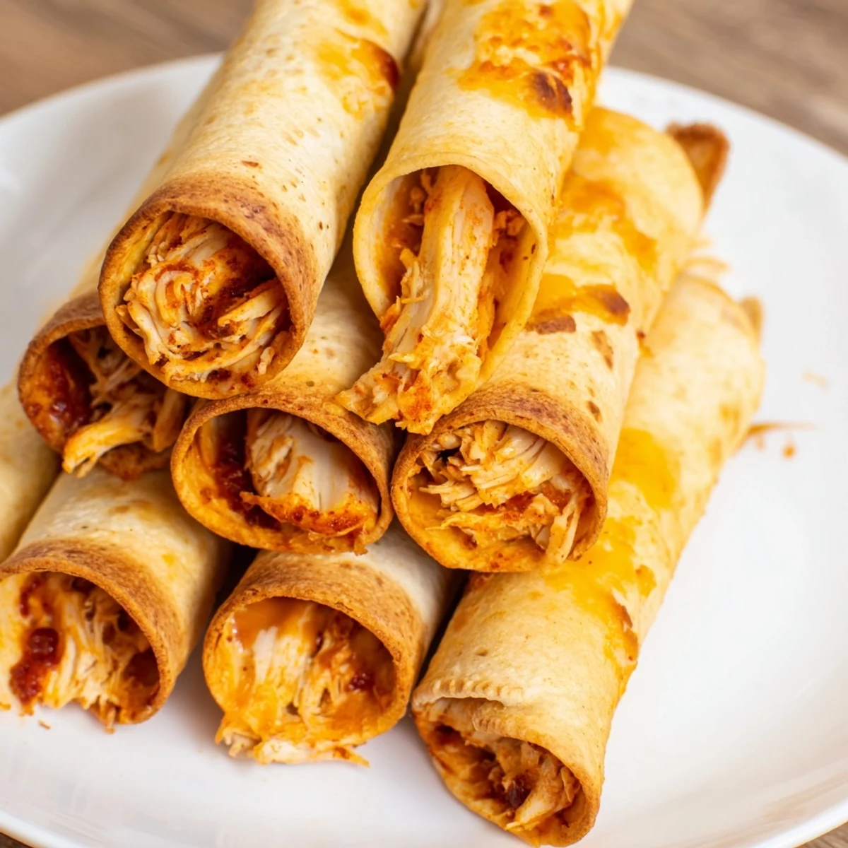 Golden brown air fryer taquitos, crispy and filled with chicken and cheese ready to eat.