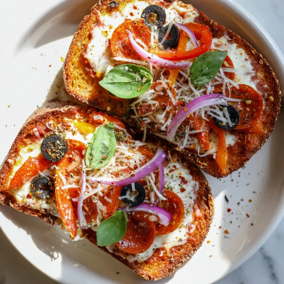 Golden, bubbly Pizza Toast 2.0 with melting mozzarella and savory pepperoni topping ready to eat.