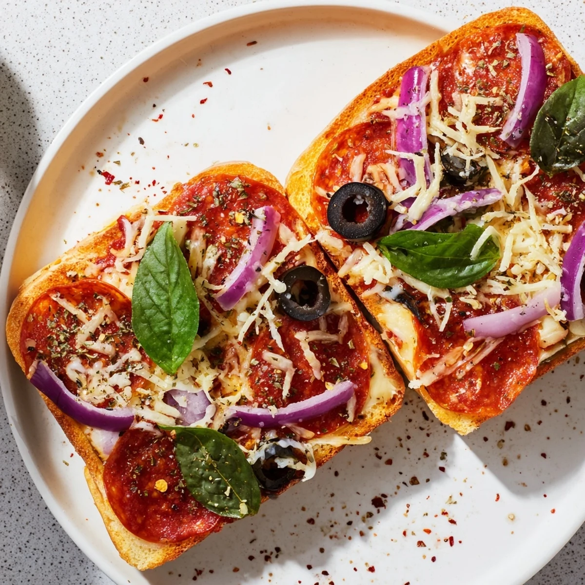 Close-up of crispy sourdough Pizza Toast 2.0 with a delicious blend of cheeses bubbling on top.
