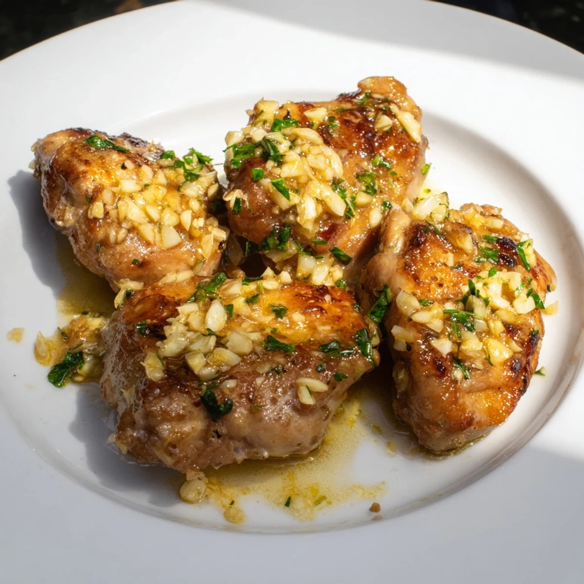 Golden-brown Garlic Butter Chicken Bites glistening in a luscious, savory garlic butter sauce.