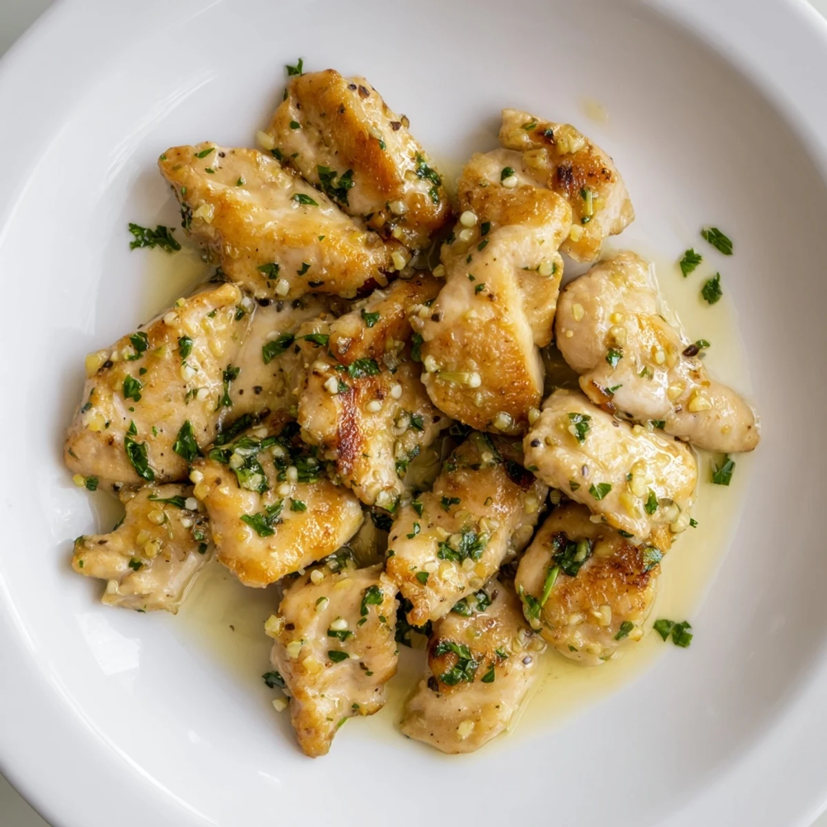 A close-up of Garlic Butter Chicken Bites, garnished with parsley, ready to be served and enjoyed.