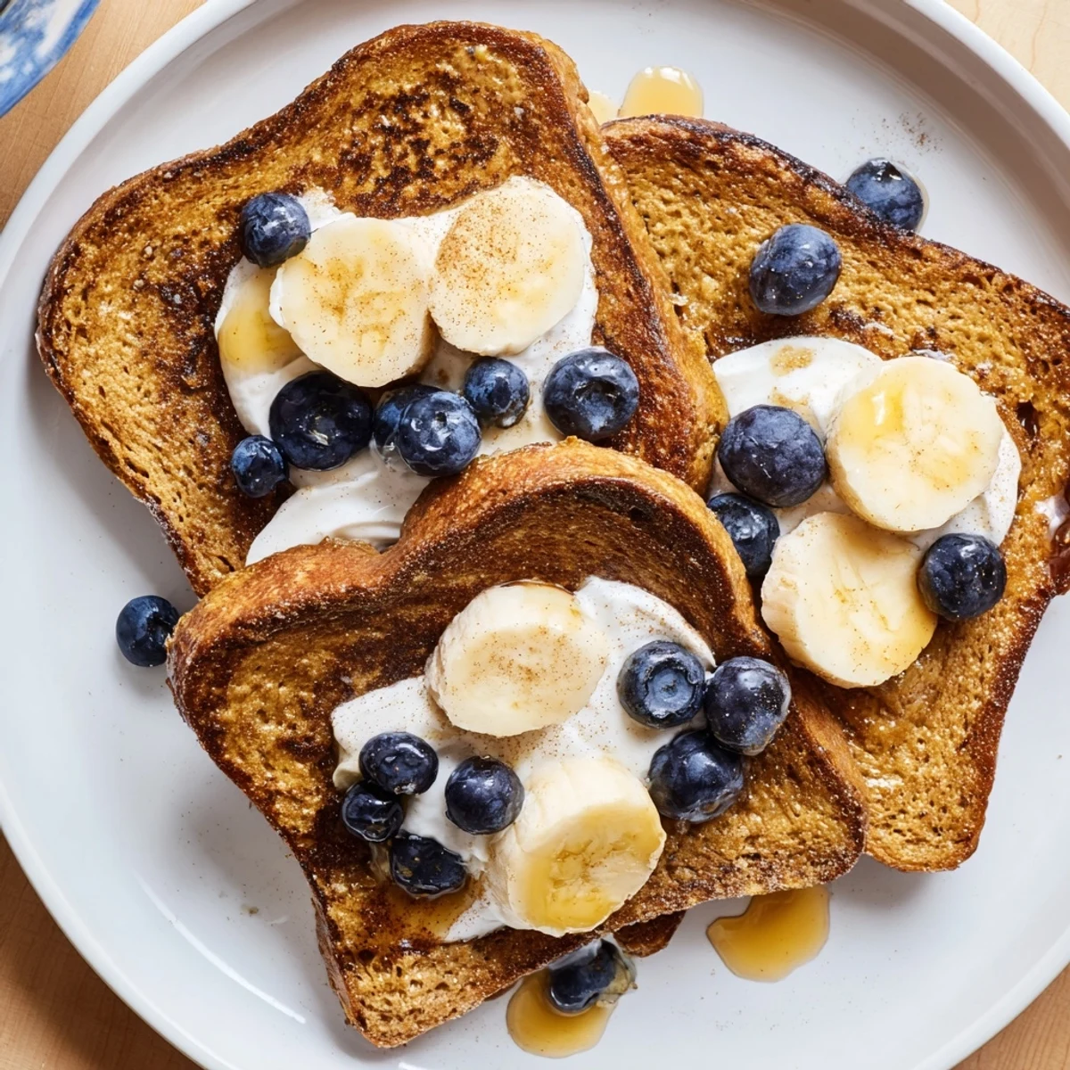 Fluffy, custardy protein French toast, perfectly cooked and glistening, served with maple syrup and fruit.
