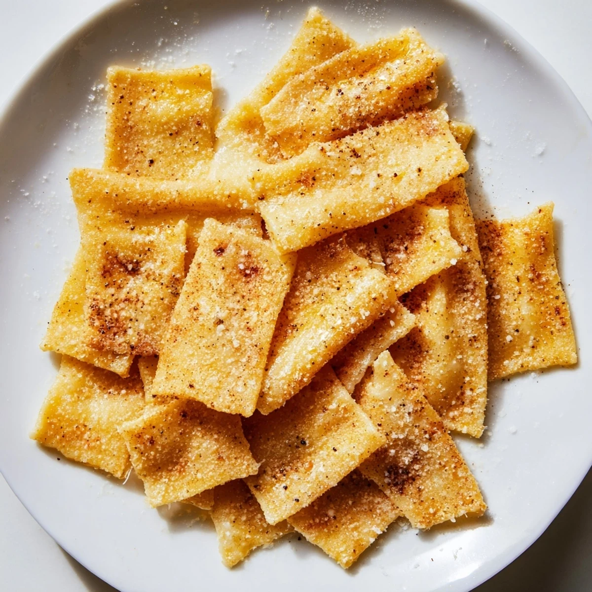 Golden-brown pasta chips, crispy and seasoned, perfect for snacking with marinara sauce.