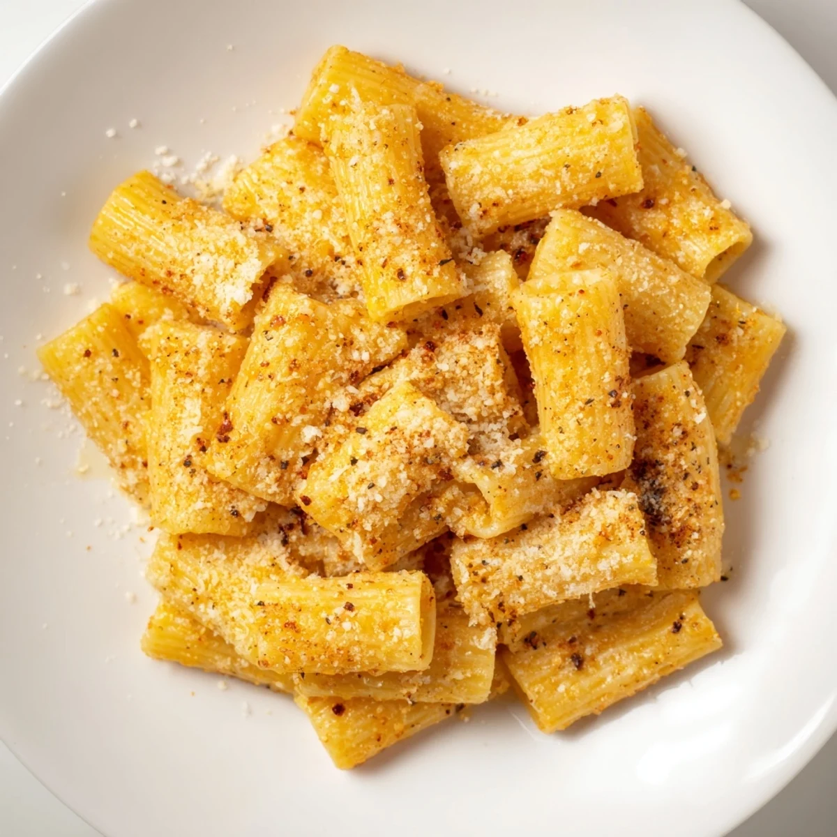 Air-fried pasta chips, a crunchy and delicious Italian-American snack, tossed with Parmesan cheese.