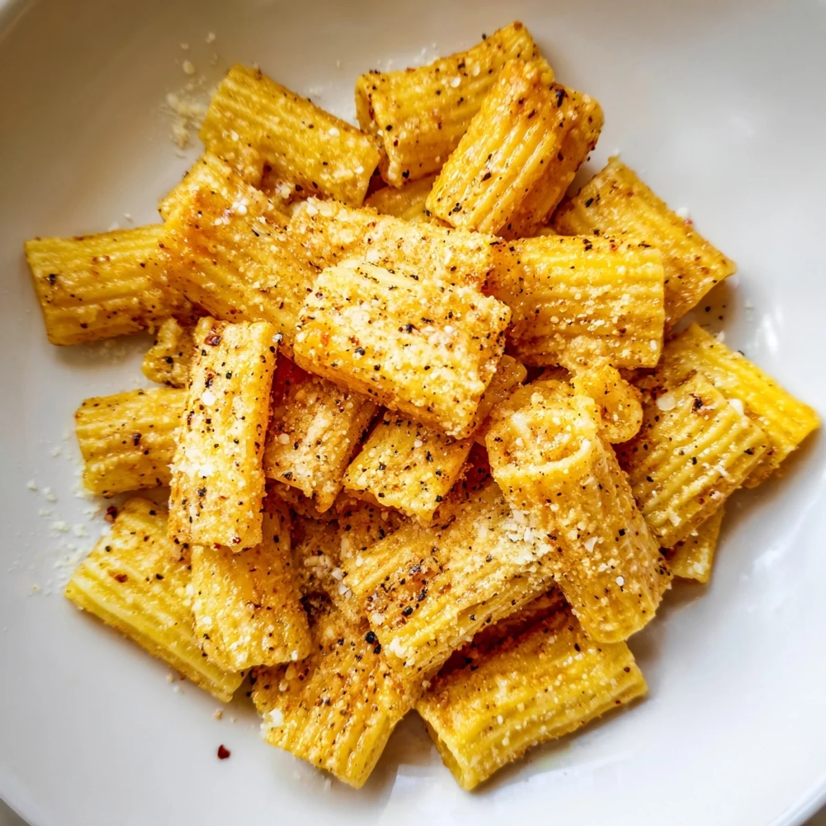 Close-up of golden pasta chips—salty, savory, and ready to enjoy with a variety of dips.