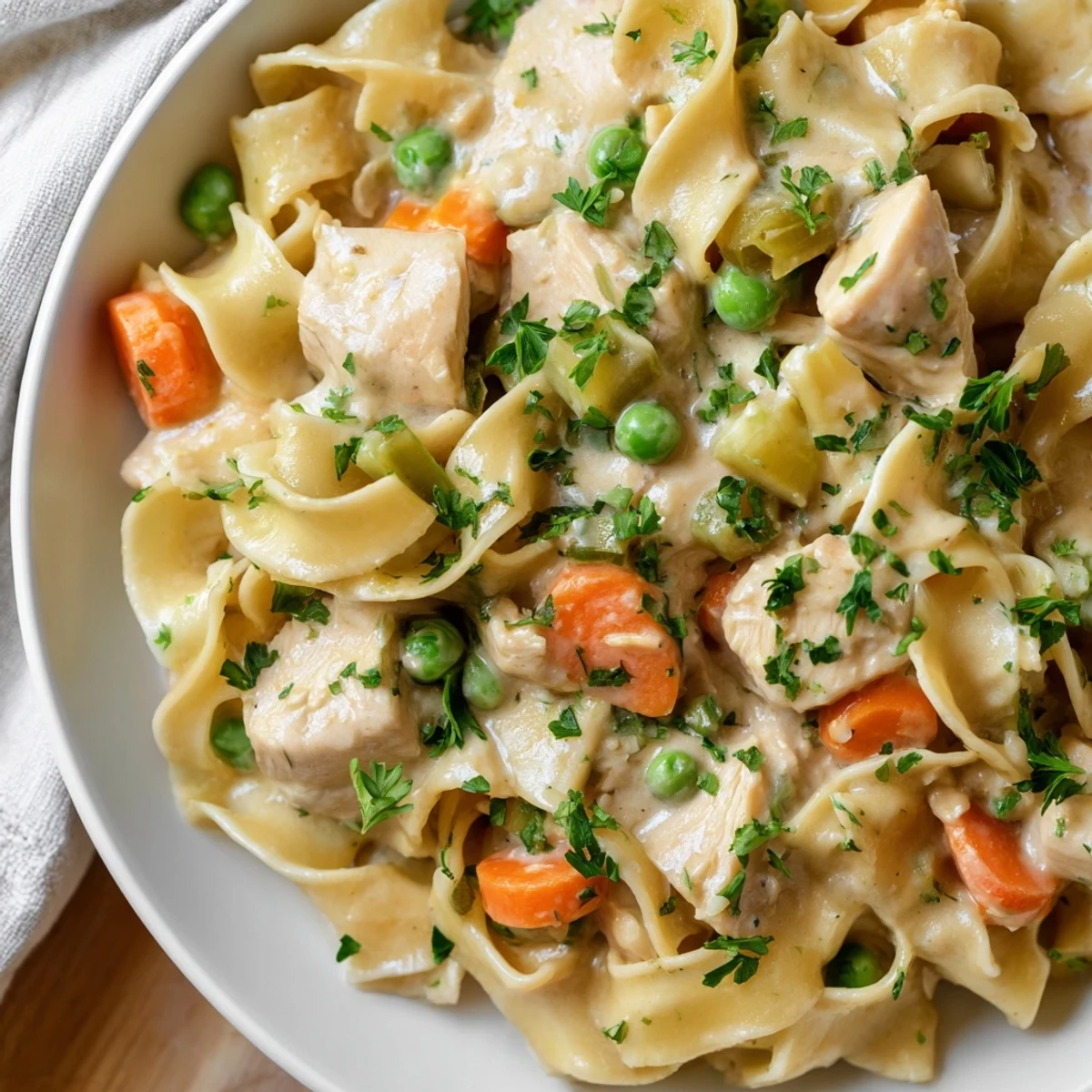 A steaming, creamy plate of Chicken and Egg Noodles, topped with fresh parsley for a flavorful meal.