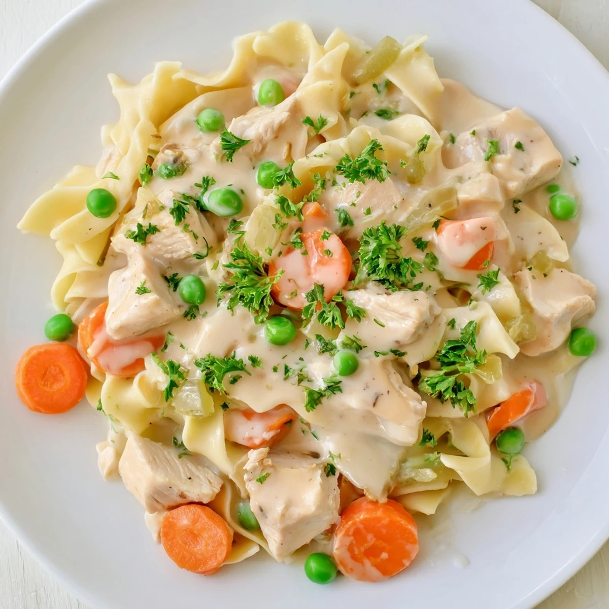 Tantalizing close-up of Creamy Chicken and Egg Noodles showcasing a rich sauce coating the egg noodles.