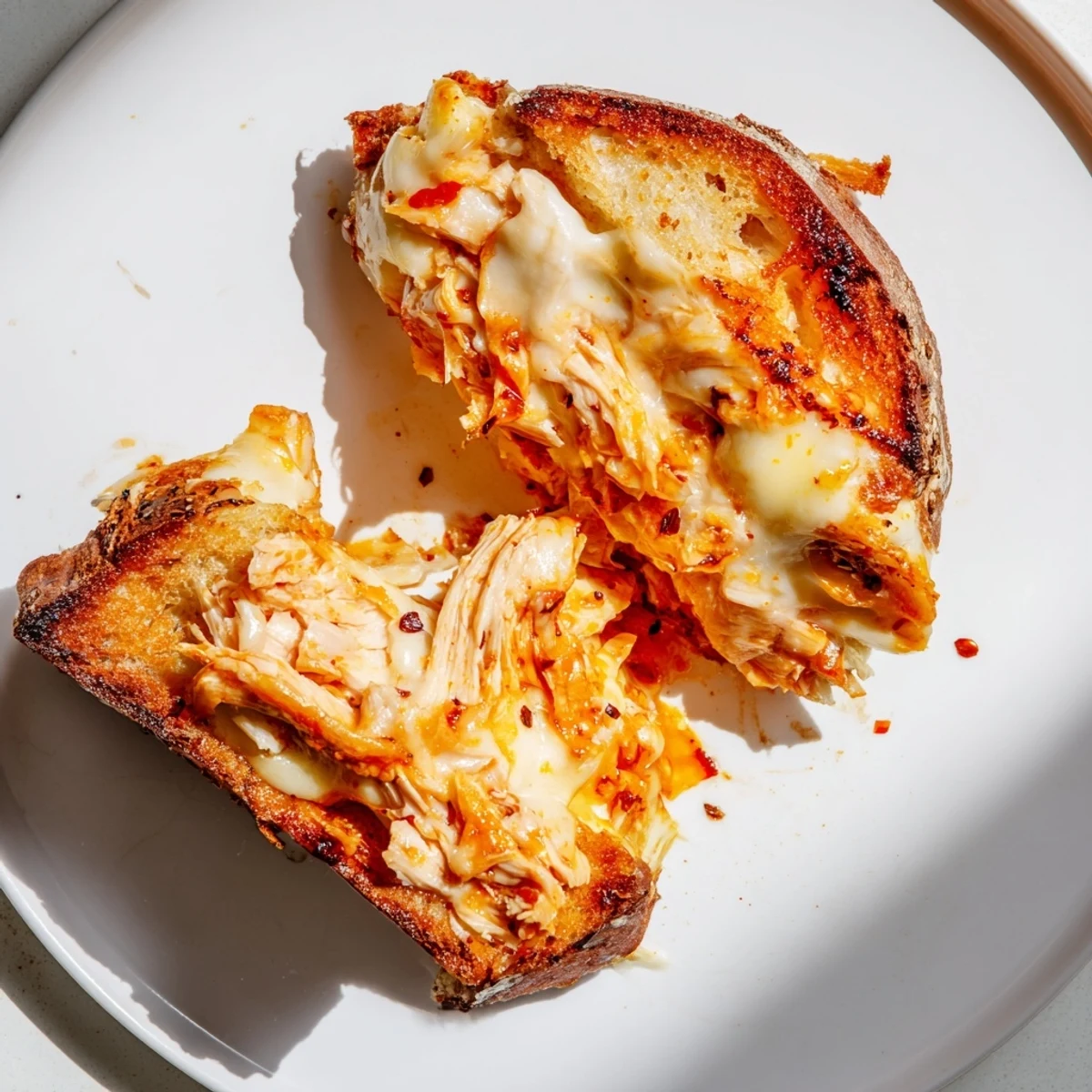 Golden, melty Chili Crisp Honey Chicken Grilled Cheese oozing with cheese, ready to be devoured.
