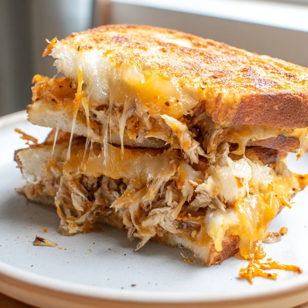 Mouthwatering close-up of the Chili Crisp Honey Chicken Grilled Cheese, a perfect savory creation.