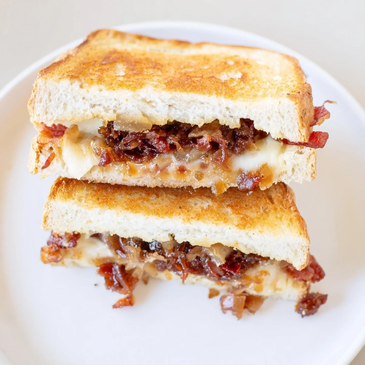 Golden, crispy Bacon Jam Grilled Cheese oozes melted cheddar, ready for a delicious first bite.
