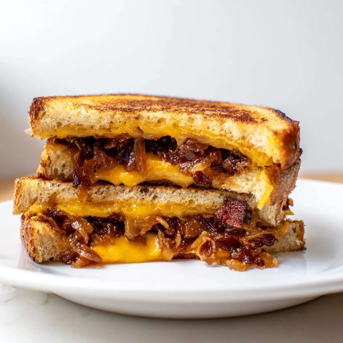 A close-up of a Bacon Jam Grilled Cheese with bubbling cheese and perfectly toasted bread.