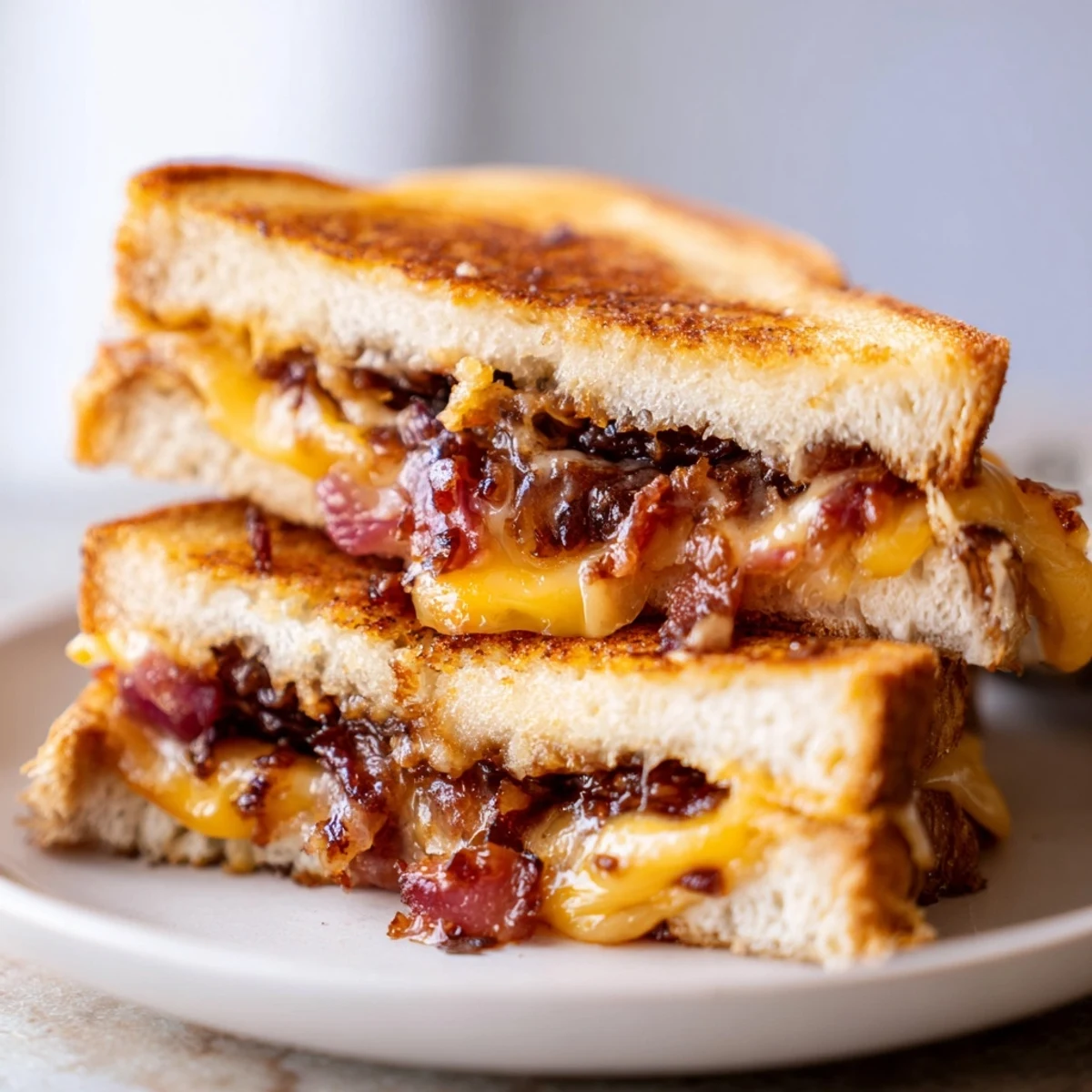 Smoky bacon jam spreads over cheesy layers in this tempting Bacon Jam Grilled Cheese sandwich.
