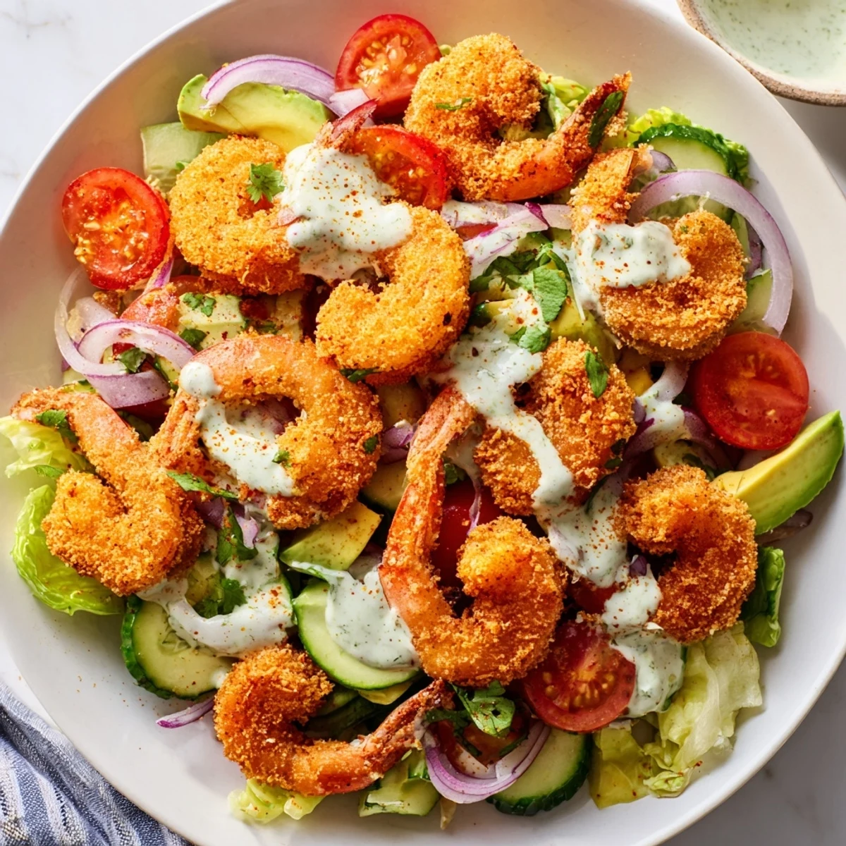 Golden, crispy Spicy Crispy Shrimp Salad with fresh avocado and sriracha-lime dressing.