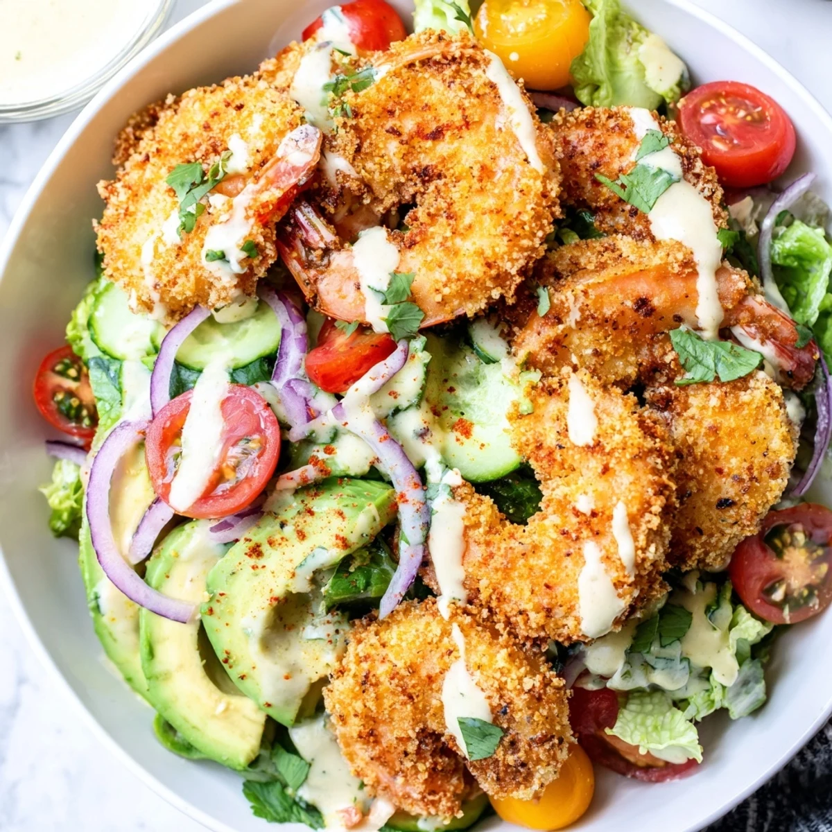 Close-up of a colorful Spicy Crispy Shrimp Salad, featuring golden shrimp and vibrant greens.