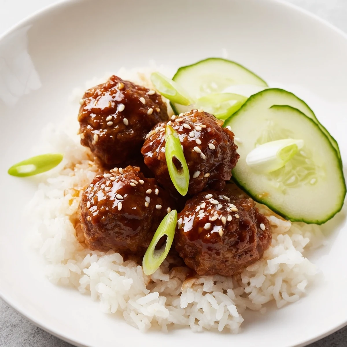 Teriyaki Meatball Bowls: a delectable view of sticky teriyaki meatballs nestled atop fluffy rice, ready to eat.