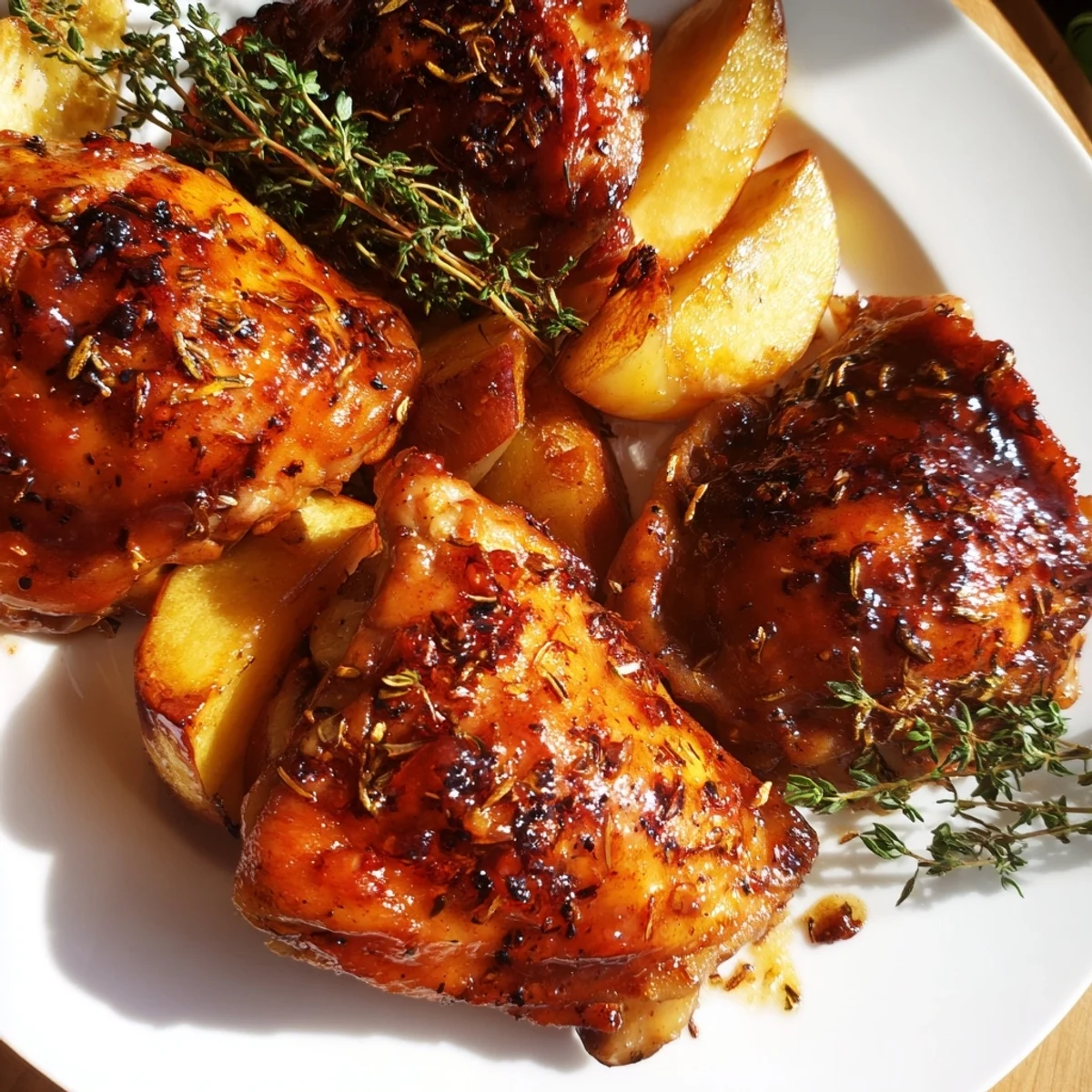Golden, glistening Sticky Maple Apple Chicken, the juicy thighs baked with sweet apple and syrup.