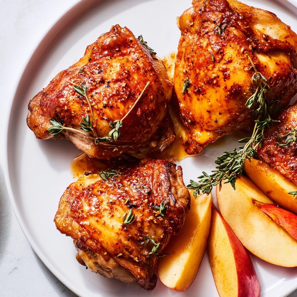 Savory Sticky Maple Apple Chicken served with apple slices, a perfect gluten-free, flavorful American meal.
