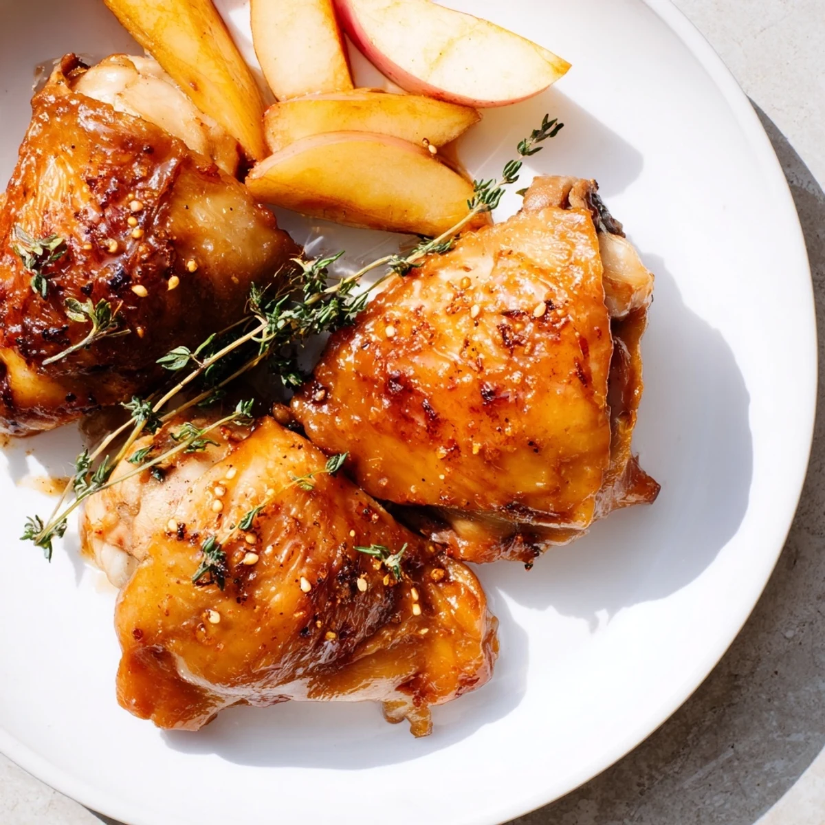 A close-up of steaming Sticky Maple Apple Chicken, featuring crispy skin and caramelized glaze.