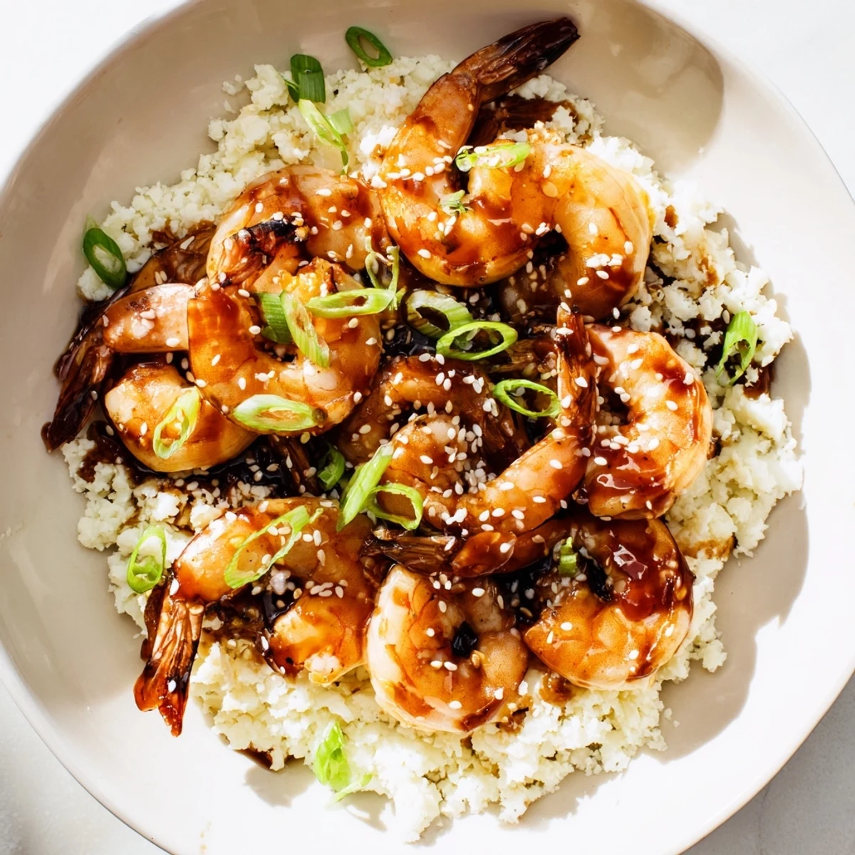 Steaming ginger garlic shrimp bowls served with fluffy cauliflower rice, drizzled with savory soy sauce.