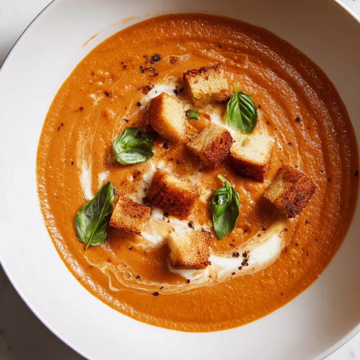 Creamy Roasted Garlic Tomato Soup, served hot, is thick and rich with fresh basil garnish.