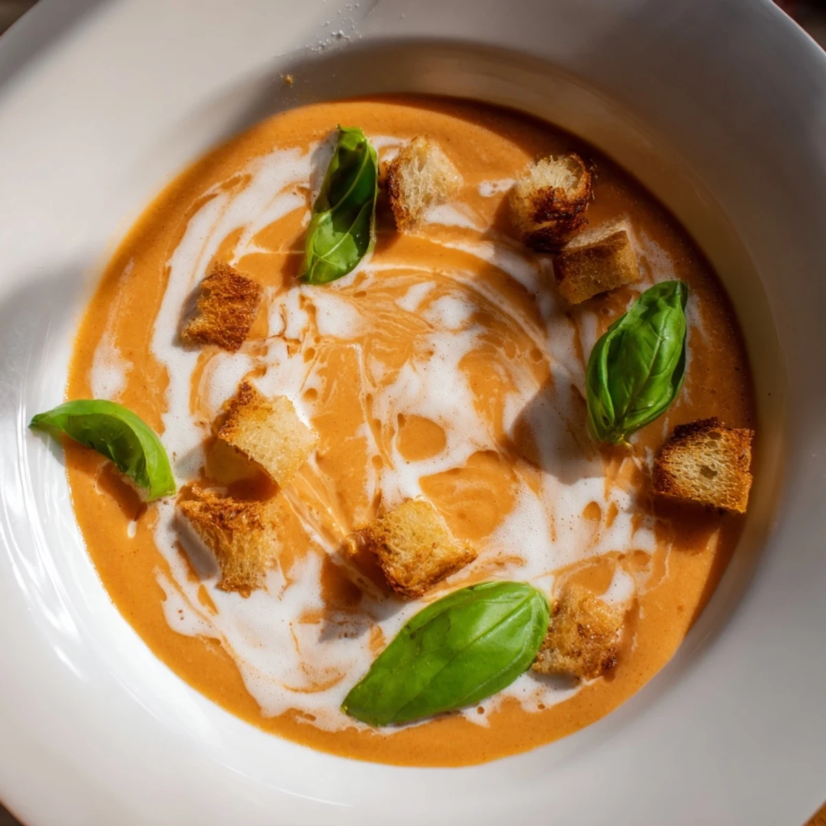 A steaming bowl of Creamy Roasted Garlic Tomato Soup, showcasing a swirl of cream and vibrant tomatoes.