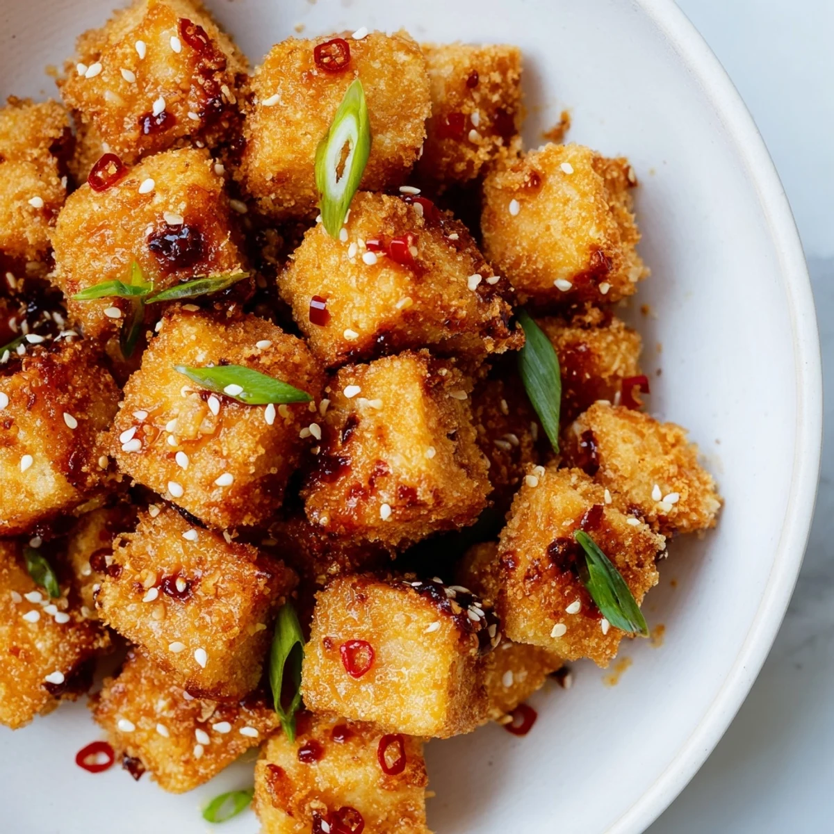 Crispy, golden Honey Sriracha Tofu Nuggets with a sweet and spicy glaze.
