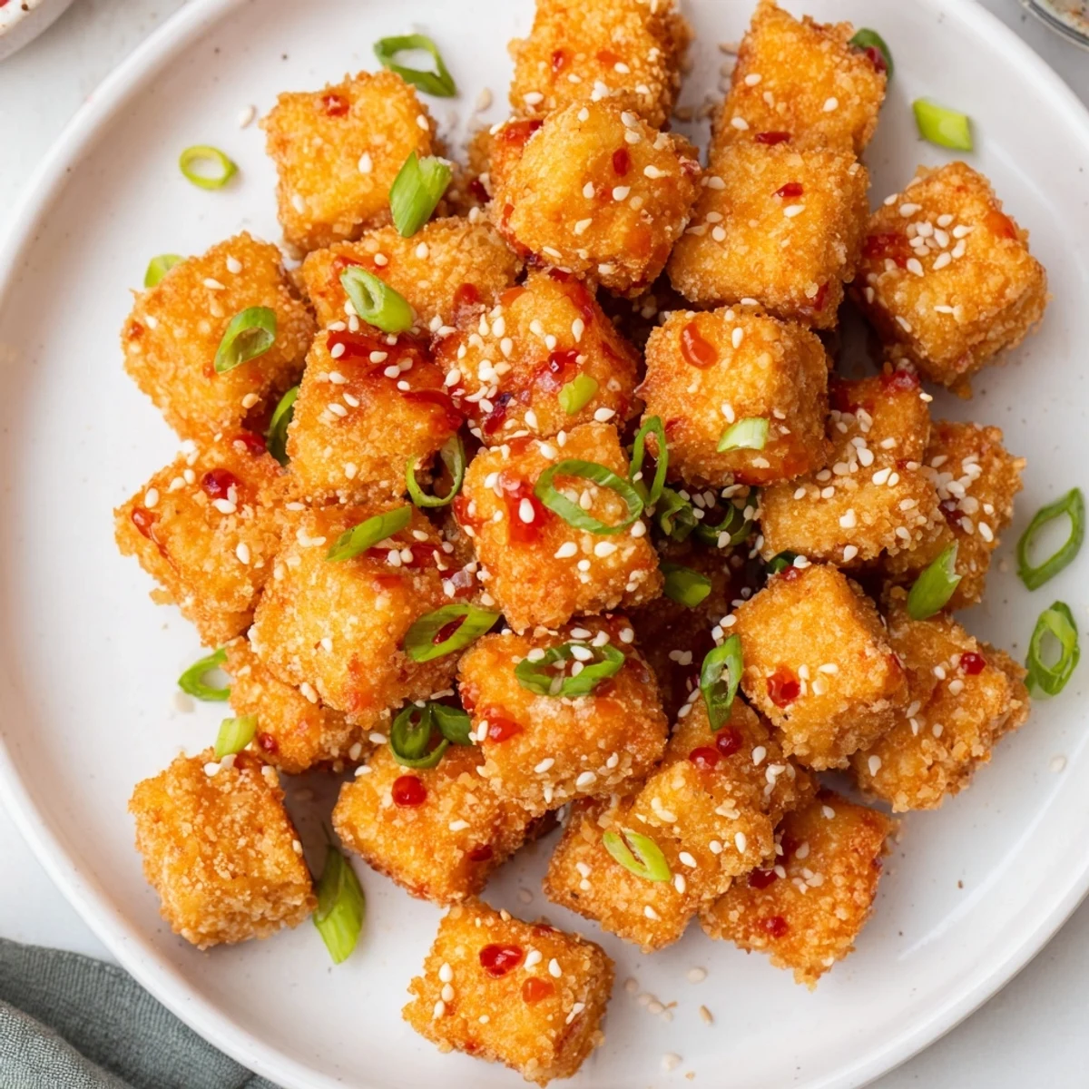 Delicious vegetarian Honey Sriracha Tofu Nuggets, perfect for dipping or sharing as an appetizer.
