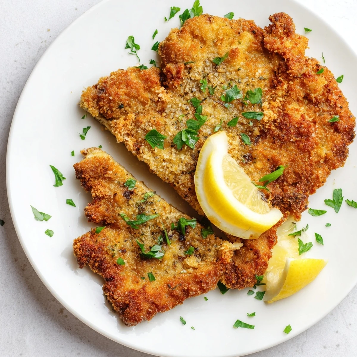 Crispy, golden-brown German Schnitzel cutlet, a satisfying main dish served with fresh lemon wedges.