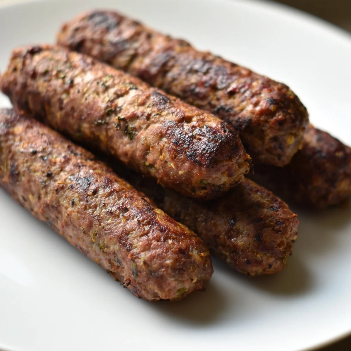 Grilled Romanian mici sausages, browned and sizzling, ready to be served with mustard and bread.