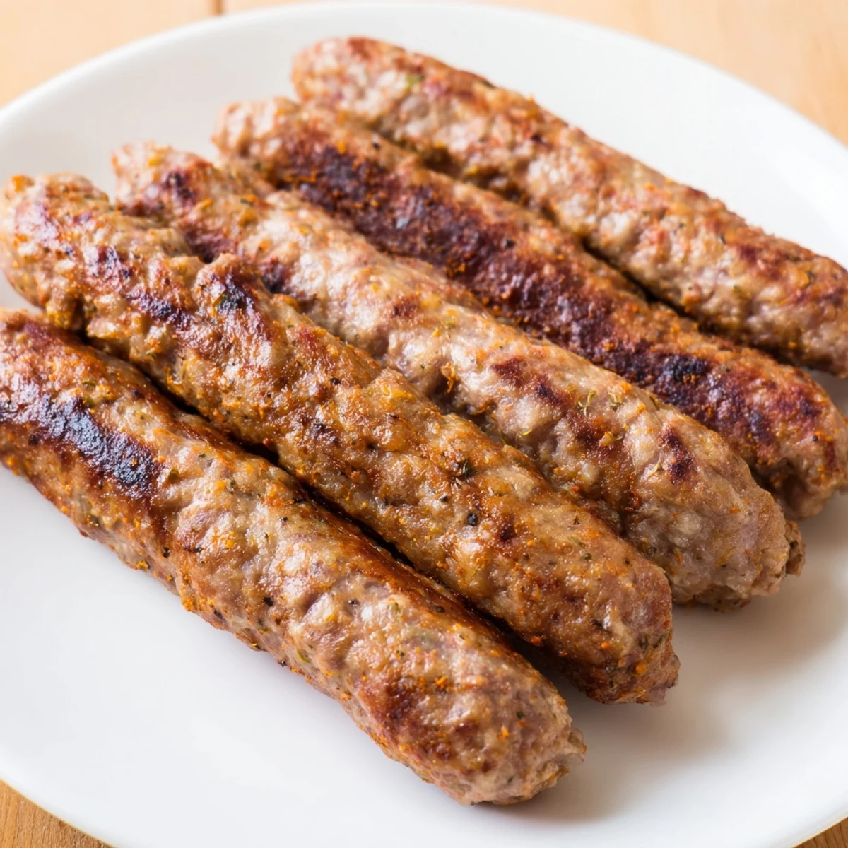 Close-up of Romanian mici sausages, boasting a crispy crust and juicy, flavorful interior after grilling.