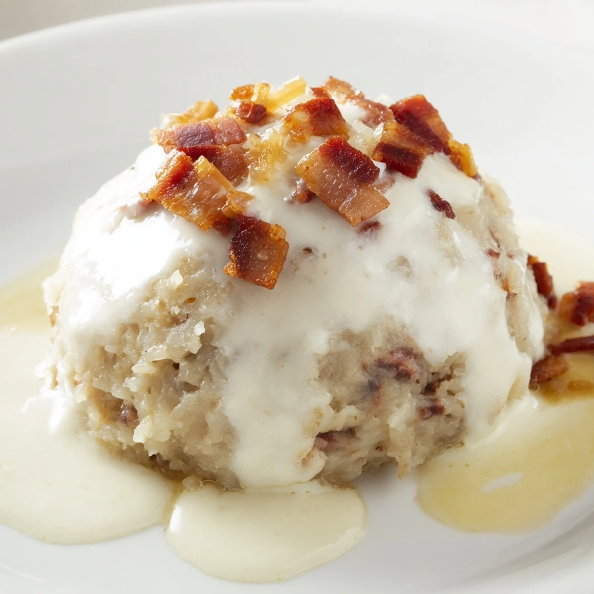 Steaming Lithuanian Cepelinai, golden dumplings filled with savory meat, are served with creamy sauce.