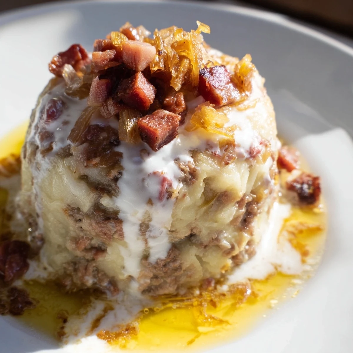 These tender Cepelinai, Lithuanian potato dumplings, rest in a bowl, ready to be enjoyed with the sauce.