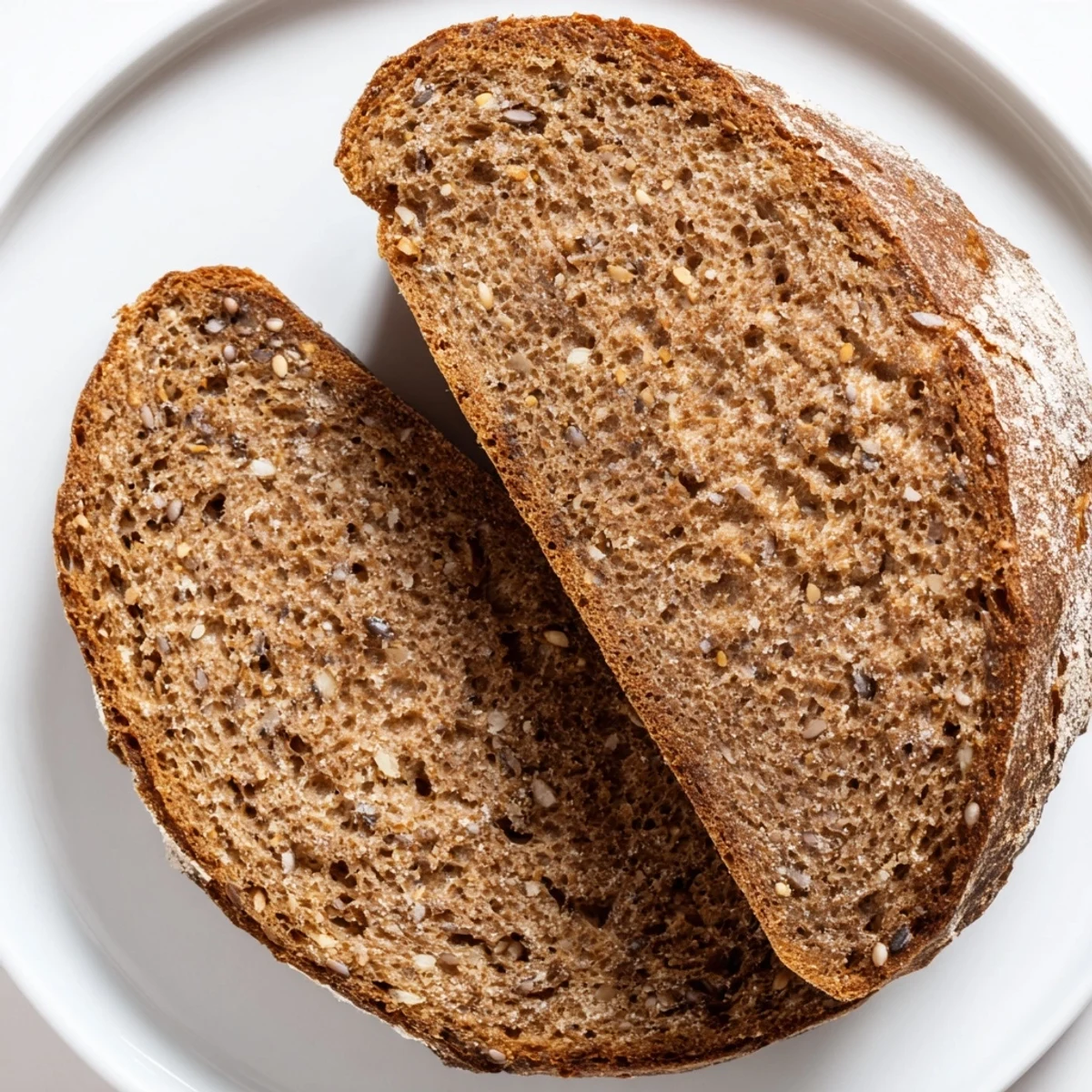 A close-up of sliced Latvian Rupjmaize bread reveals moist texture, ready for butter and a delicious meal.